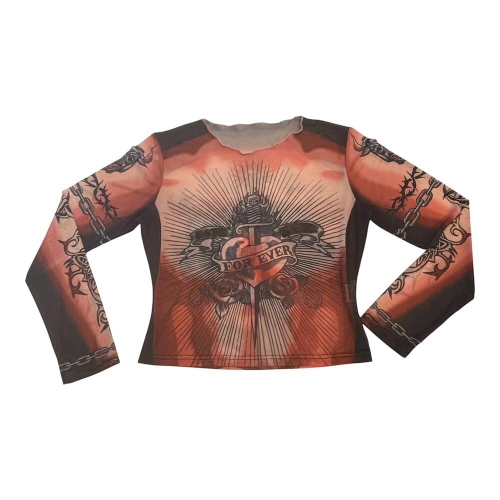 Y2K Tattoo Mesh Top L | Gothic Grunge Dragon Graphic Sheer Alt Fairycorer Goth